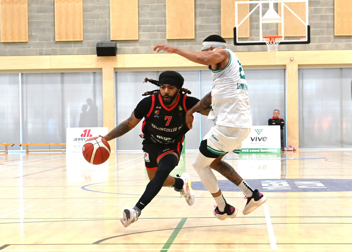  Latrell Jossell in action for Ballincollig against Limerick Celtics in the Domino's Mens Superleague quarter final. Pic: Larry Cummins.