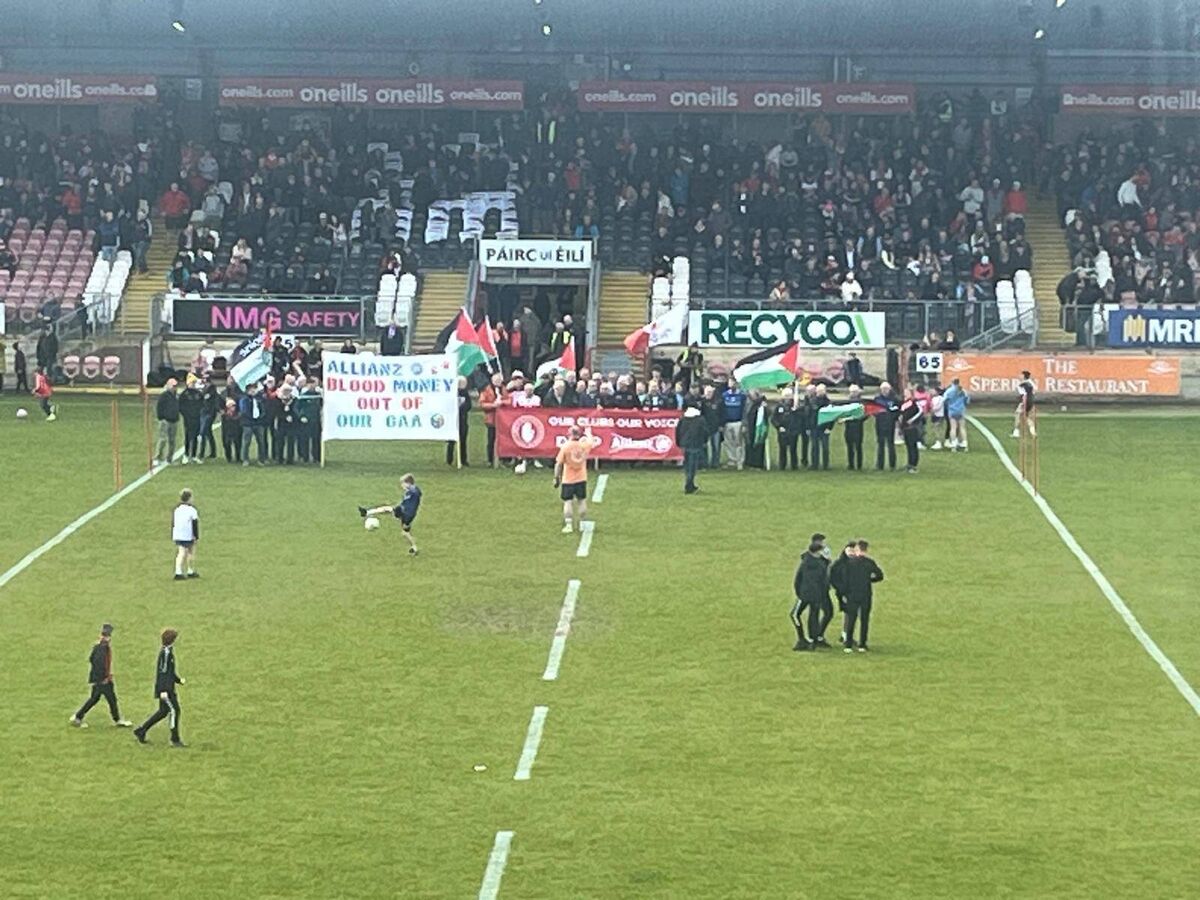 No to Allianz protests at half-time in Omagh. A regular scene during Tyrone home games this year. Pic: John Fogarty No to Allianz protests at half-time in Omagh. A regular scene during Tyrone home games this year. Pic: John Fogarty