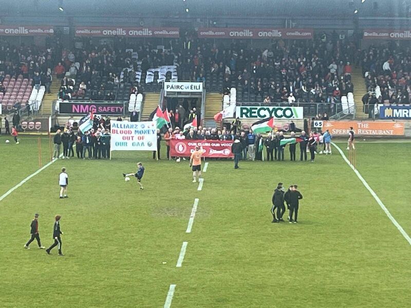 No to Allianz protests at half-time in Omagh. A regular scene during Tyrone home games this year. Pic: John Fogarty