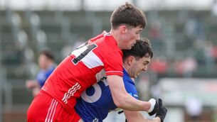 <p>Cavan’s Patrick Lynch and Derry’s Ruairi Ó Mianáin. Pic: Lorcan Doherty/Inpho</p>