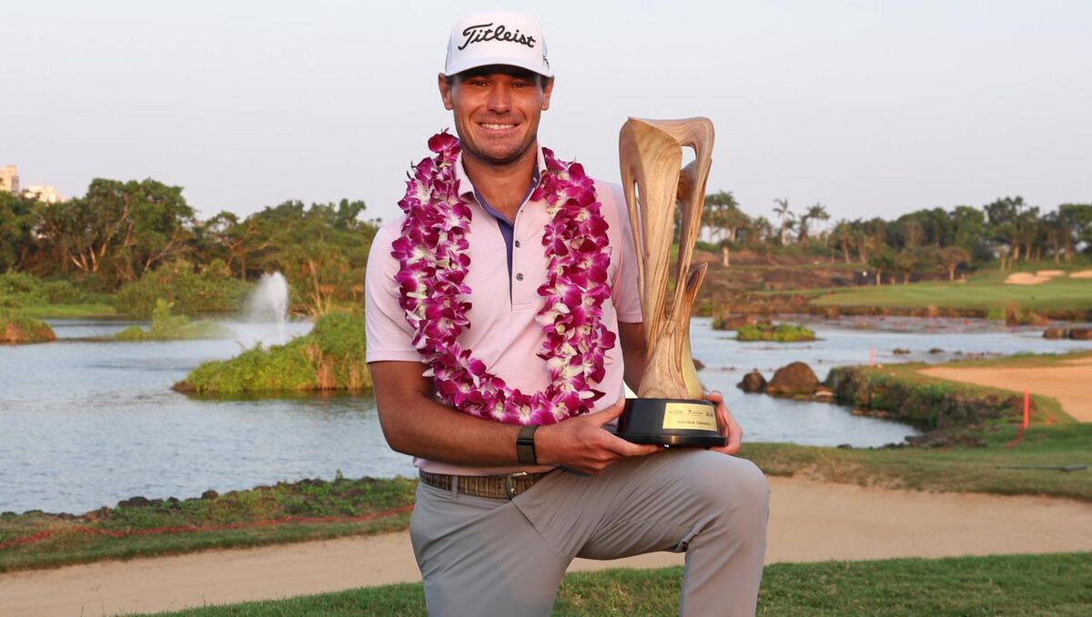 Jordan Gumberg poses with the trophy after winning the DP World Tour Hainan Classic at the Mission Hills golf course in Haikou, in China's southern Hainan province. Picture: CN-STR / AFP via Getty Images Jordan Gumberg poses with the trophy after winning the DP World Tour Hainan Classic at the Mission Hills golf course in Haikou, in China's southern Hainan province. Picture: CN-STR / AFP via Getty Images