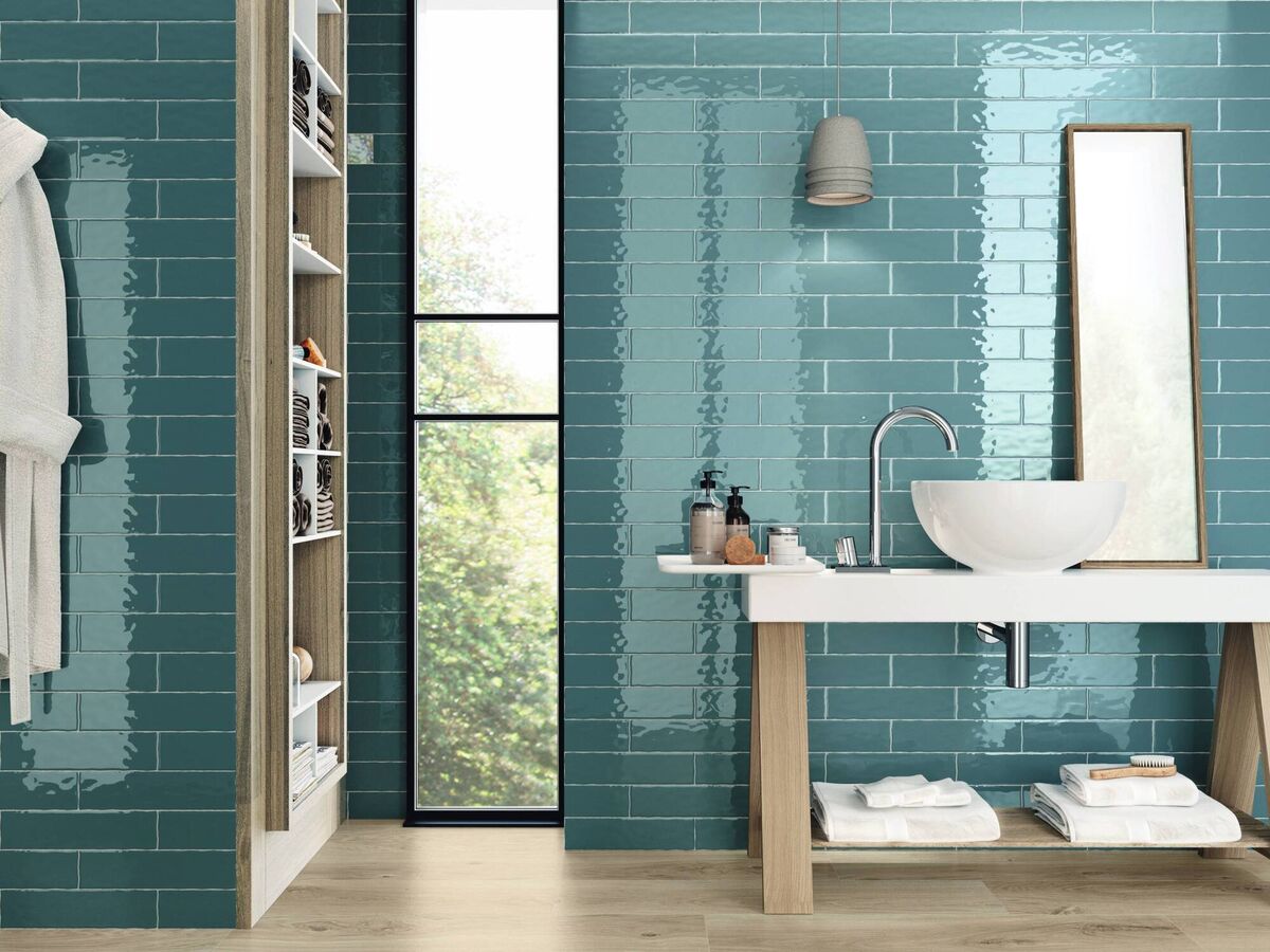 Ceramic tiling can work on walls or floors. Here the drier side of a bathroom is finished in iconic subway tiling; Alfalux of Italy, Vibe collection from €38 per square metre. Ceramic tiling can work on walls or floors. Here the drier side of a bathroom is finished in iconic subway tiling; Alfalux of Italy, Vibe collection from €38 per square metre.