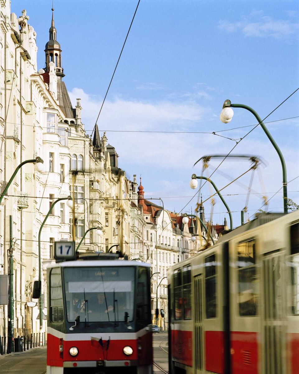 ON TRACK: Trams passing in the town centre.