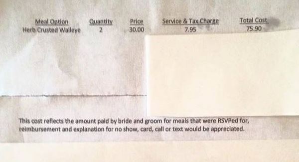 These wedding guests were sent a bill by the newlyweds for not showing up