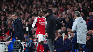 <p>Arsenal's Eberechi Eze greets manager Mikel Arteta as he is substituted off.</p>