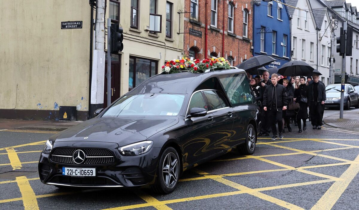 The funeral procession of Oleksandr Zhyvytskyi, at the junction of Shandon Street, Cathedral Street, and Cathedral Road. Picture: Jim Coughlan