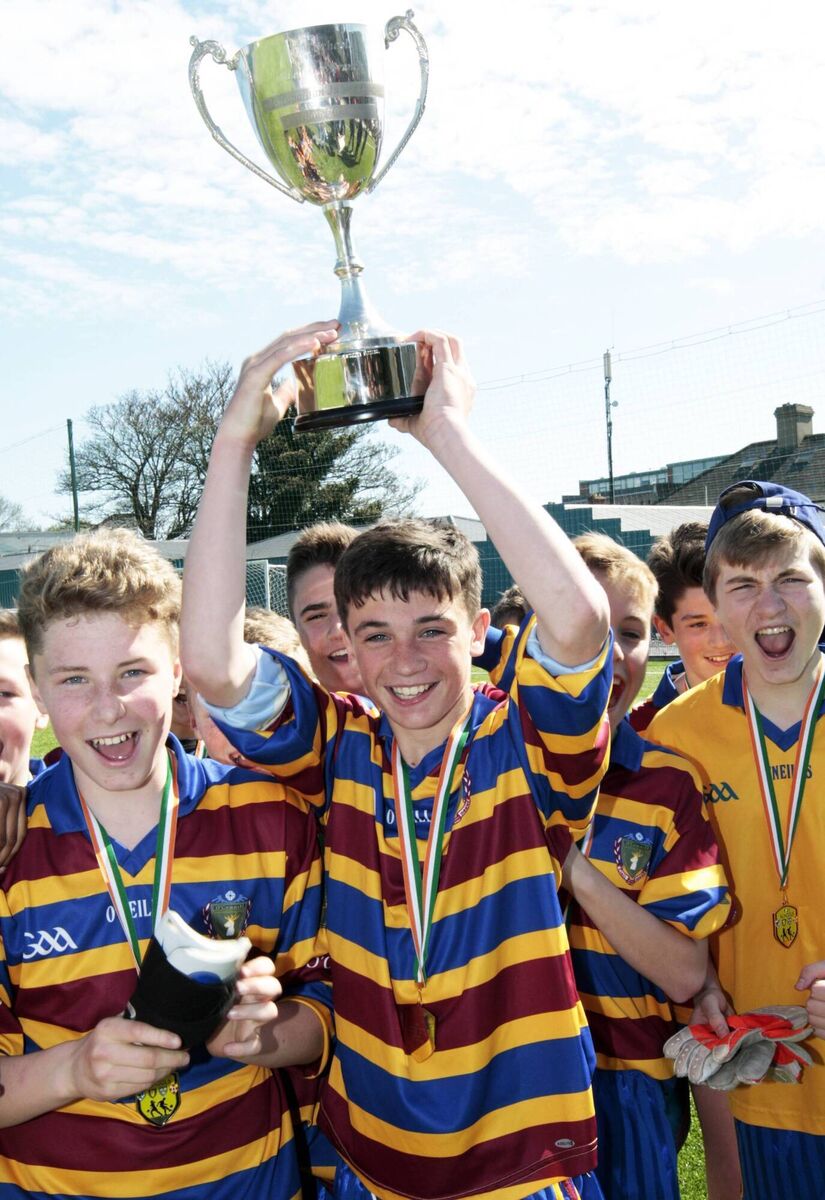 O'Connell's captain and hat-trick hero Troy Parrott lifts the cup to celebrate their victory over Killian's in the Leinster First year Boys 'B' Cup final at Stella Maris. Pic: Ray Cullen O'Connell's captain and hat-trick hero Troy Parrott lifts the cup to celebrate their victory over Killian's in the Leinster First year Boys 'B' Cup final at Stella Maris. Pic: Ray Cullen