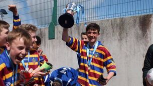 <p>Troy Parrott and his O'Connell's school team mates celebrate their 2015 All Ireland First Year Boys ‘B’ Cup extra time win over Seamount College of Kinvara in Tullamore.</p>