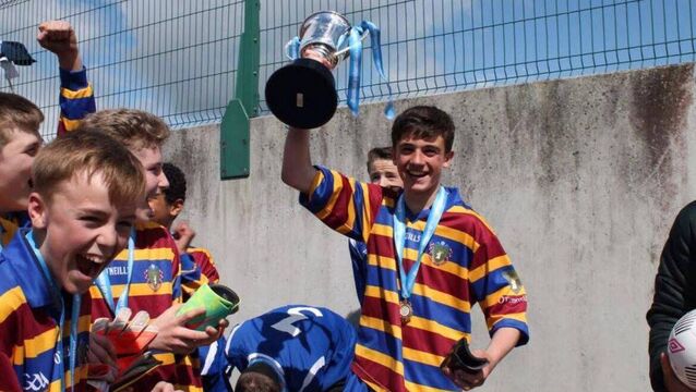 <p>Troy Parrott and his O'Connell's school team mates celebrate their 2015 All Ireland First Year Boys ‘B’ Cup extra time win over Seamount College of Kinvara in Tullamore.</p>