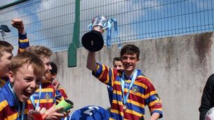 <p>Troy Parrott and his O'Connell's school team mates celebrate their 2015 All Ireland First Year Boys ‘B’ Cup extra time win over Seamount College of Kinvara in Tullamore.</p>