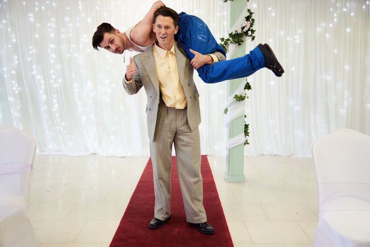 Handsome Dan Fogarty (Seán Óg Cairns) finds himself atop the shoulders of the ever unpredictable Billy Murphy (Shane Casey). Picture: BBC/Vico Films Handsome Dan Fogarty (Seán Óg Cairns) finds himself atop the shoulders of the ever unpredictable Billy Murphy (Shane Casey). Picture: BBC/Vico Films