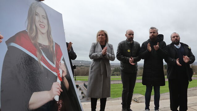 <p>Sinn Féin vice president Michelle O'Neill outside Belfast's Parliament Buildings in January 2023 with Natalie McNally's brothers (left to right) Declan, Niall and Brendan during a vigil for women who have died in violent circumstances. File picture</p>