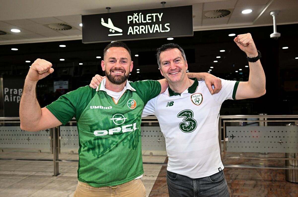 Republic of Ireland supporters Simon Dalton, left, from Dublin, and Tom Kinsella, from Cork, at VĂĄclav Havel Airport, Prague, ahead of Thursday's Fifa World Cup 2026 play-off semi-final between Czechia and the Republic of Ireland. Picture: Seb Daly/Sportsfile Republic of Ireland supporters Simon Dalton, left, from Dublin, and Tom Kinsella, from Cork, at VĂĄclav Havel Airport, Prague, ahead of Thursday's Fifa World Cup 2026 play-off semi-final between Czechia and the Republic of Ireland. Picture: Seb Daly/Sportsfile