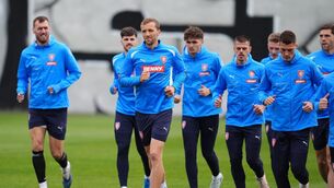 <p>CONSTANT: Czechia's Tomas Soucek (centre) and team-mates during a training session at EC Eden training pitch next to the Fortuna Arena in Prague. Pic: Adam Davy/PA</p>