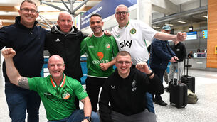 <p>(Front, left to right) Republic of Ireland soccer fans Tim Murphy and Jamie Noonan with (back, left to right) Mike Goggin, Michael Deasy, Shane Foley, and Noel Noonan at Cork Airport before boarding their flight to Prague for the World Cup play-off match against Czechia. Picture: Larry Cummins</p>