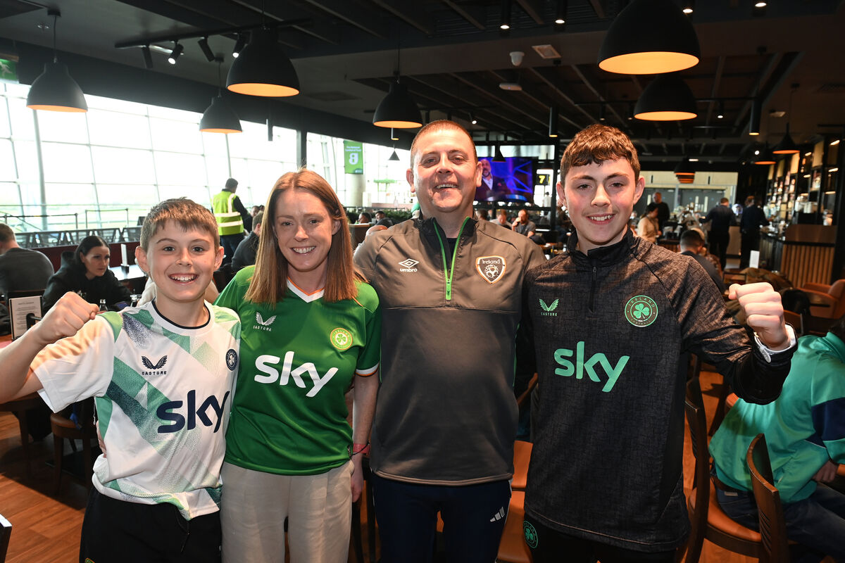 Republic of Ireland soccer fans Michelle and Jamie Massey with sons Cian and Shay at Cork Airport ahead of their flight to Prague. Picture: Larry Cummins Republic of Ireland soccer fans Michelle and Jamie Massey with sons Cian and Shay at Cork Airport ahead of their flight to Prague. Picture: Larry Cummins