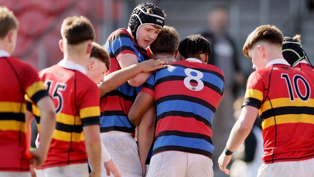 <p>St Munchin's Dara Giltinane celebrates scoring a try with Phelim Hennelly and Anluan White. Pic: Laszlo Geczo/Inpho</p>