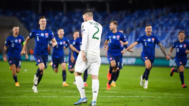 <p>BLUE SEA: Matt Doherty reacts after missing his penalty in the shootout during the Euro 2020 qualifying play-off semi-final match against Slovakia. Pic: Stephen McCarthy/Sportsfile</p>