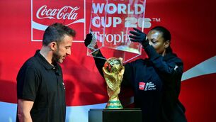 <p>Alessandro Del Piero looks on as the World Cup Trophy is unveiled during the Los Angeles stop of Trophy Tour. Pic: Frederic J. Brown/Getty</p>