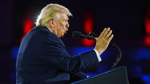 <p>President Donald Trump speaks at the National Republican Congressional Committee’s annual fundraising dinner (Julia Demaree Nikhinson/AP)</p>