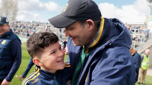 <p>GLORY DAYS: Meath manager Robbie Brennan celebrates with his son Kyle after beating Offaly and gaining promotion from Allianz Football League Division 2 at Glenisk O'Connor Park in Tullamore. Picture: Michael P Ryan/Sportsfile</p>
