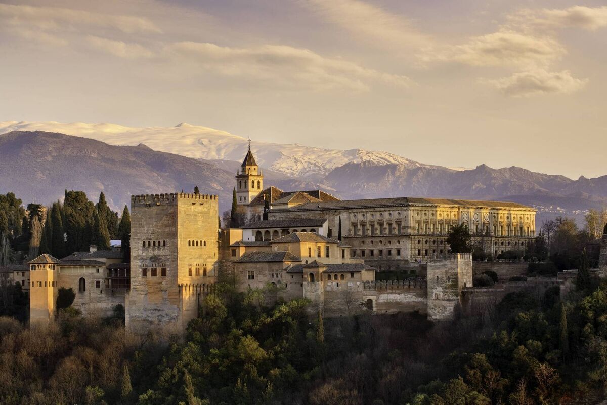 The Alhambra, against the snowy backdrop of the Sierra Nevada mountain range.