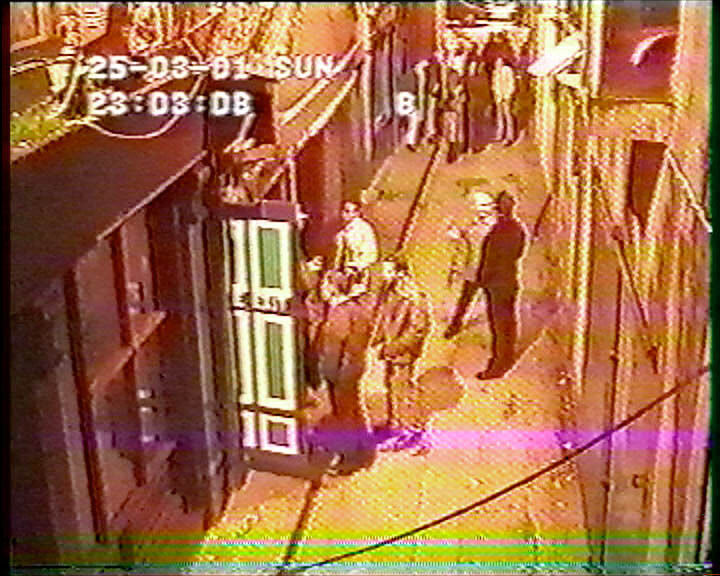 A surveillance camera captures Adrian Moynihan (centre, light shirt) in an altercation outside Sidetrax nightclub. Picture: Provision/RTE 