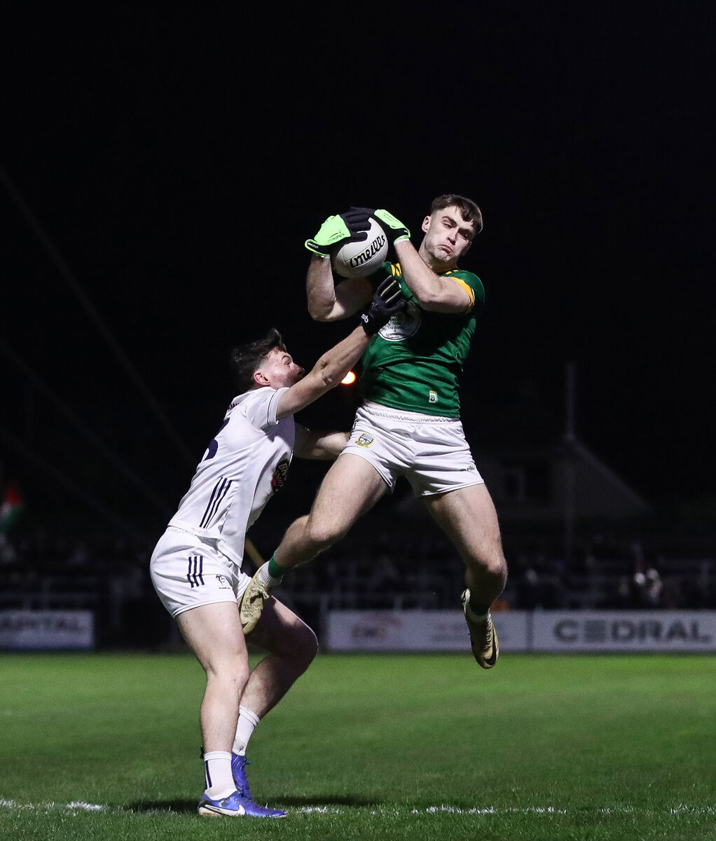 Meath's Sean Rafferty gets to the ball ahead of Kildare's Ben Loakman. Picture: INPHO/Grace Halton