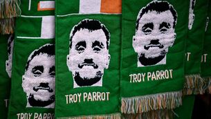 <p>HERO: Scarfs featuring Troy Parrott before the game in Prague. Pic: Seb Daly/Sportsfile</p>
