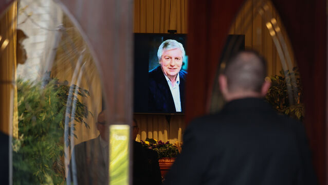 <p>The chapel doors close for the final time on Michael Lyster pictured this evening at the funeral of former RTÉ radio and TV broadcaster. Picture: Colin Keegan, Collins, Dublin.</p>