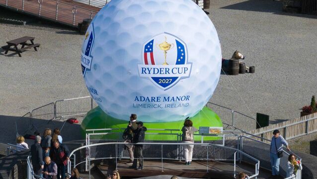 <p>A giant golf ball installed at King John's Castle in Limerick City by Limerick City and County Council ahead of the 2027 tournament at Adare. File picture</p>