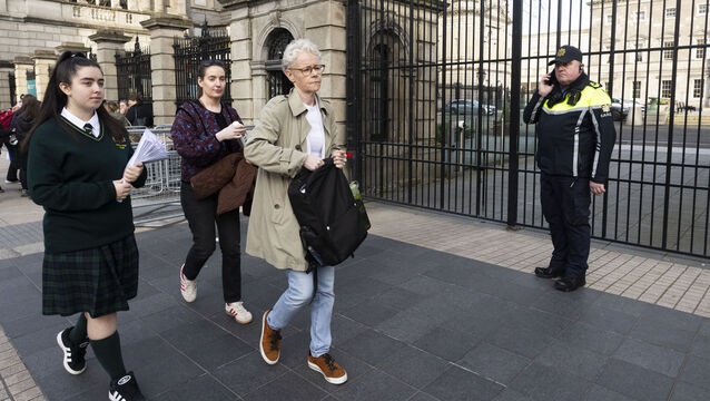 <p>The Dáil statements come after last week's protests at Leinster House including by Bessborough survivor Noelle Browne who was accompanied by Larkin Community College student Alannah Glossop, and history teacher Roisín Sweeny as she handed in a petition against any building at the site. Picture: Sam Boal/Collins</p>