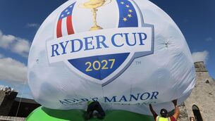 <p>A giant golf ball being installed at King John's Castle for the 2027 Ryder Cup at Adare. Pic: Eamon Ward</p>