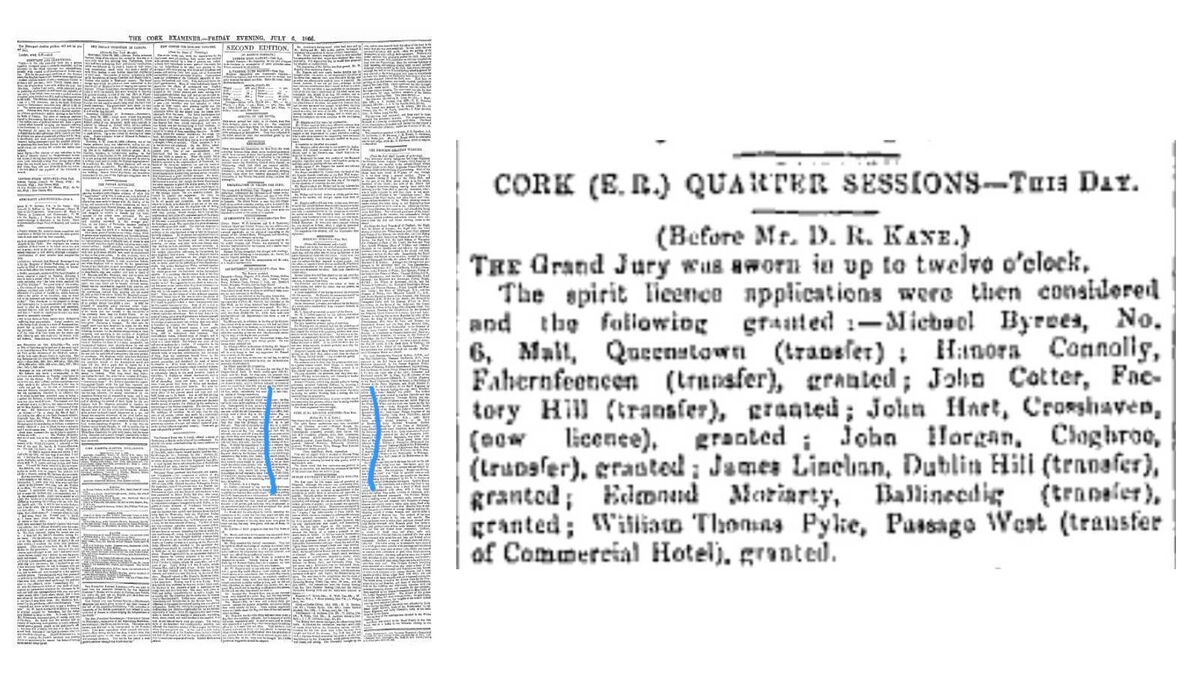 The Cork Examiner Friday Evening edition July 6, 1866 — spirit licences considered and granted to applicants with an address at 6 The Mall, Queenstown The Cork Examiner Friday Evening edition July 6, 1866 — spirit licences considered and granted to applicants with an address at 6 The Mall, Queenstown
