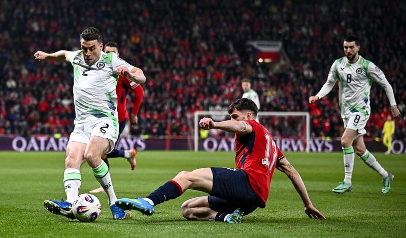Seamus Coleman of Republic of Ireland in action against David Jurásek of Czechia during the FIFA World Cup 2026 European Qualifiers play-off semi-final match between Czechia and Republic of Ireland at Fortuna Arena in Prague, Czechia. Photo by Seb Daly/Sportsfile