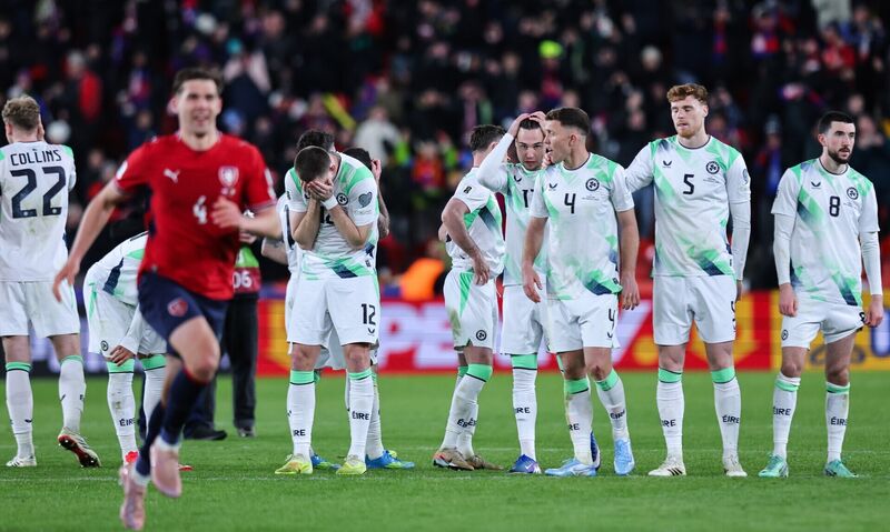The Ireland team dejected after losing the penalty shootout. Pic: ©INPHO/Ryan Byrne