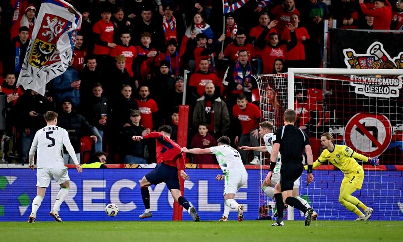 DECISIVE: Ladislav Krejčí of Czechia is fouled by Ryan Manning to award the hosts a penalty, and a way back into the contest. Pic: Seb Daly/Sportsfile