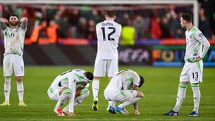 <p>HEARTBREAK: Republic of Ireland visibly dejected after their World Cup dreas came crumbling down in the Czech capital. Pic: Stephen McCarthy/Sportsfile</p>