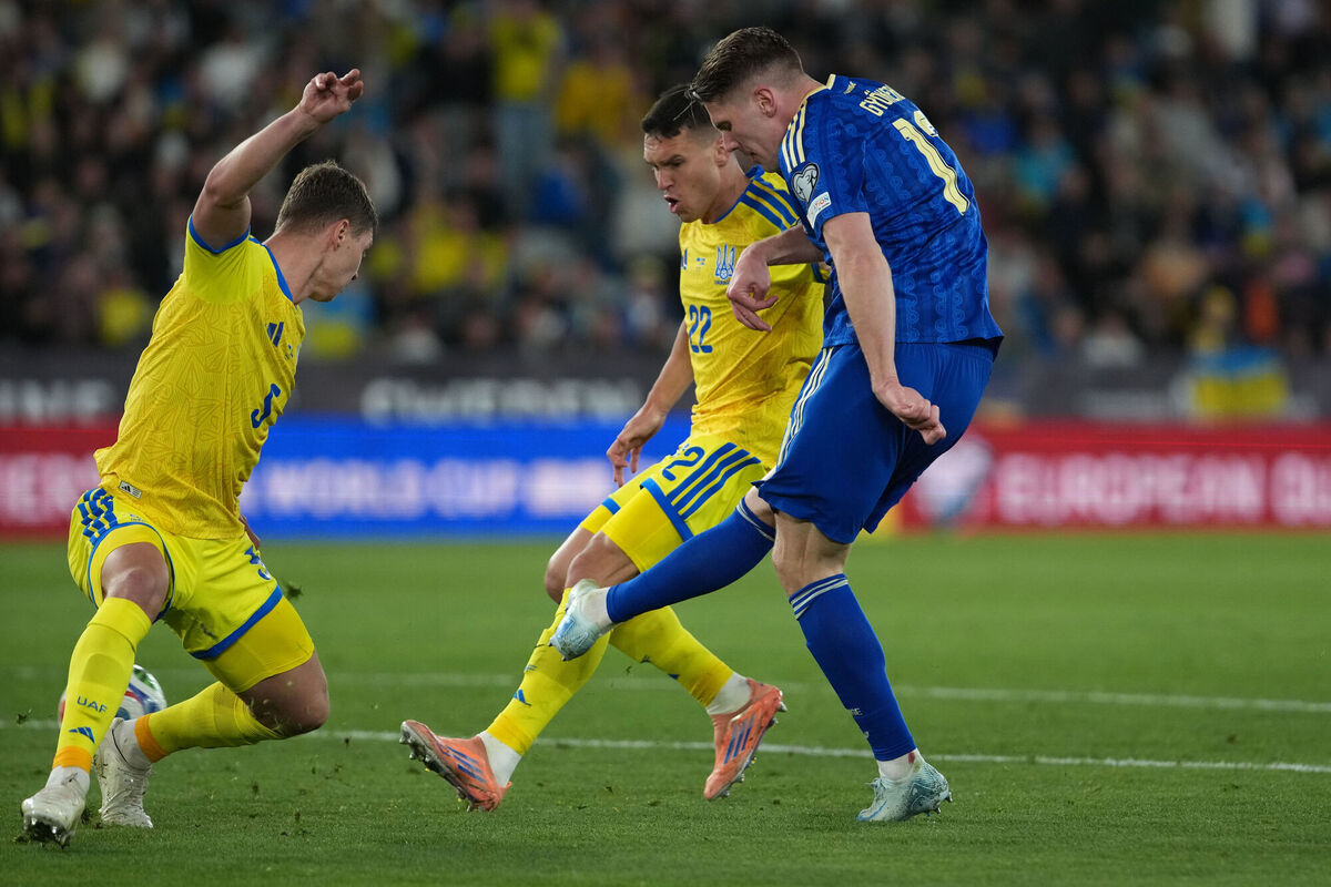 Viktor Gyokeres scores his second of three against Ukraine. Pic: Alberto Saiz/AP Viktor Gyokeres scores his second of three against Ukraine. Pic: Alberto Saiz/AP