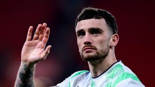 <p>Ireland's Troy Parrott dejected after the match</p>