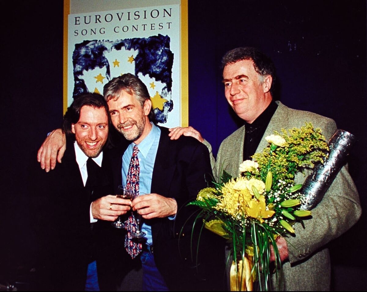 Paul Harrington, Charlie McGettigan and songwriter Brendan Graham at the Point Theatre, Dublin in 1994 after winning the Eurovision Song Contest. Picture: RTÉ Paul Harrington, Charlie McGettigan and songwriter Brendan Graham at the Point Theatre, Dublin in 1994 after winning the Eurovision Song Contest. Picture: RTÉ
