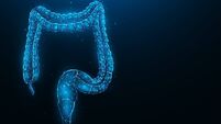 iStock-1393009851.jpg Abstraction polygonal vector illustration of the colon or large intestine on a dark blue background. Digestive system, internal