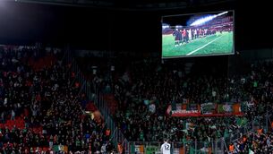 <p>The Ireland team during the penalty shoot-out. Pic: ©INPHO/Ben Brady</p>