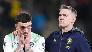 <p>Republic of Ireland’s Troy Parrott is consoled following defeat to Czechia in the World Cup play-off semi-final match after a penalty shootout after extra-time at the Fortuna Arena, Prague, Czechia. Picture: Adam Davy/ PA</p>