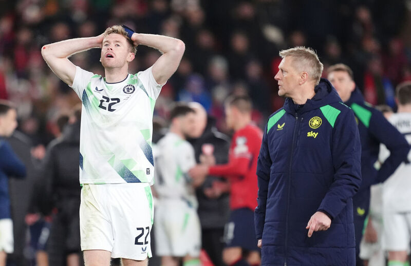 Republic of Ireland's Nathan Collins (left) and head coach Heimir Hallgrimsson dejected following defeat in the penalty shootout. Pic: Adam Davy/PA Wire. Republic of Ireland's Nathan Collins (left) and head coach Heimir Hallgrimsson dejected following defeat in the penalty shootout. Pic: Adam Davy/PA Wire.