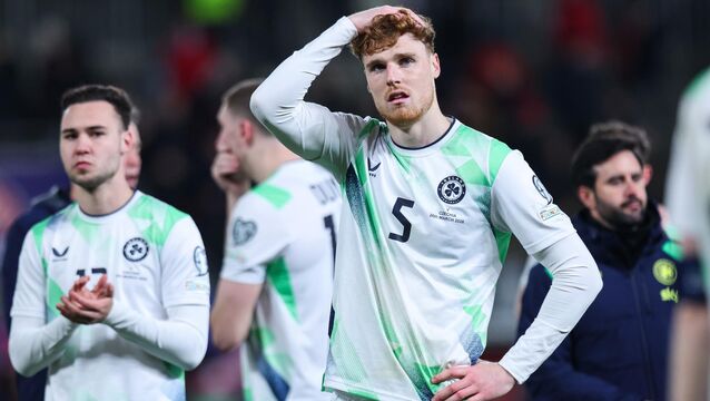<p>DEJECTION: A familiar feeling of disappointment for Ireland as they fail to qualify for the World Cup after a penalty shootout loss to Czechia. Pic: Ryan Byrne/Inpho</p>