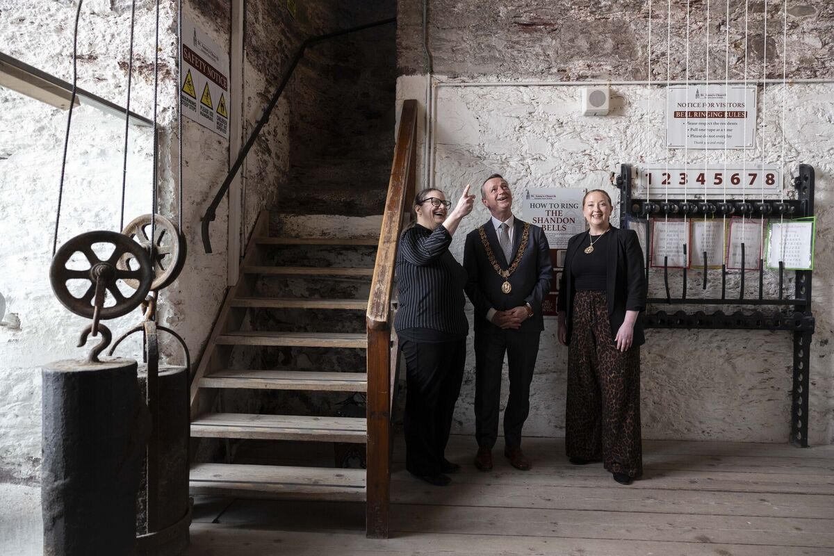 Reverend Meghan Farr welcoming Cork City Lord Mayor Fergal Dennehy and Lady Mayoress Karen Brennan to Saint Anne's Shandon after the completion of a major Cork City Council-led restoration project. Picture: Clare Keogh 
