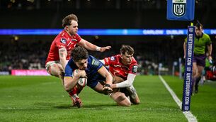 <p>Joshua Kenny scores Leinster's sixth try. Pic: Brendan Moran/Sportsfile</p>