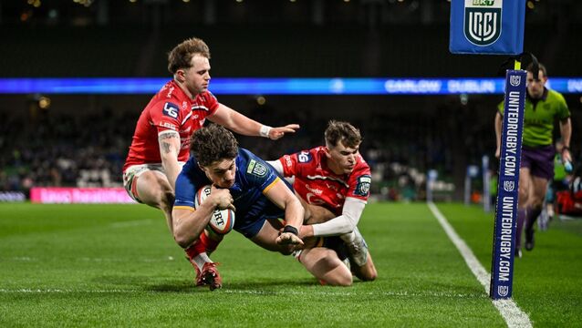 <p>Joshua Kenny scores Leinster's sixth try. Pic: Brendan Moran/Sportsfile</p>