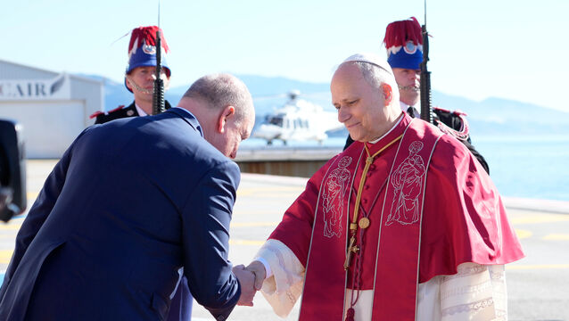 Prince Albert II of Monaco welcomes Pope Leo XIV on the tarmac of Monaco Heliport in Monte Carlo (Gregorio Borgia/PA)